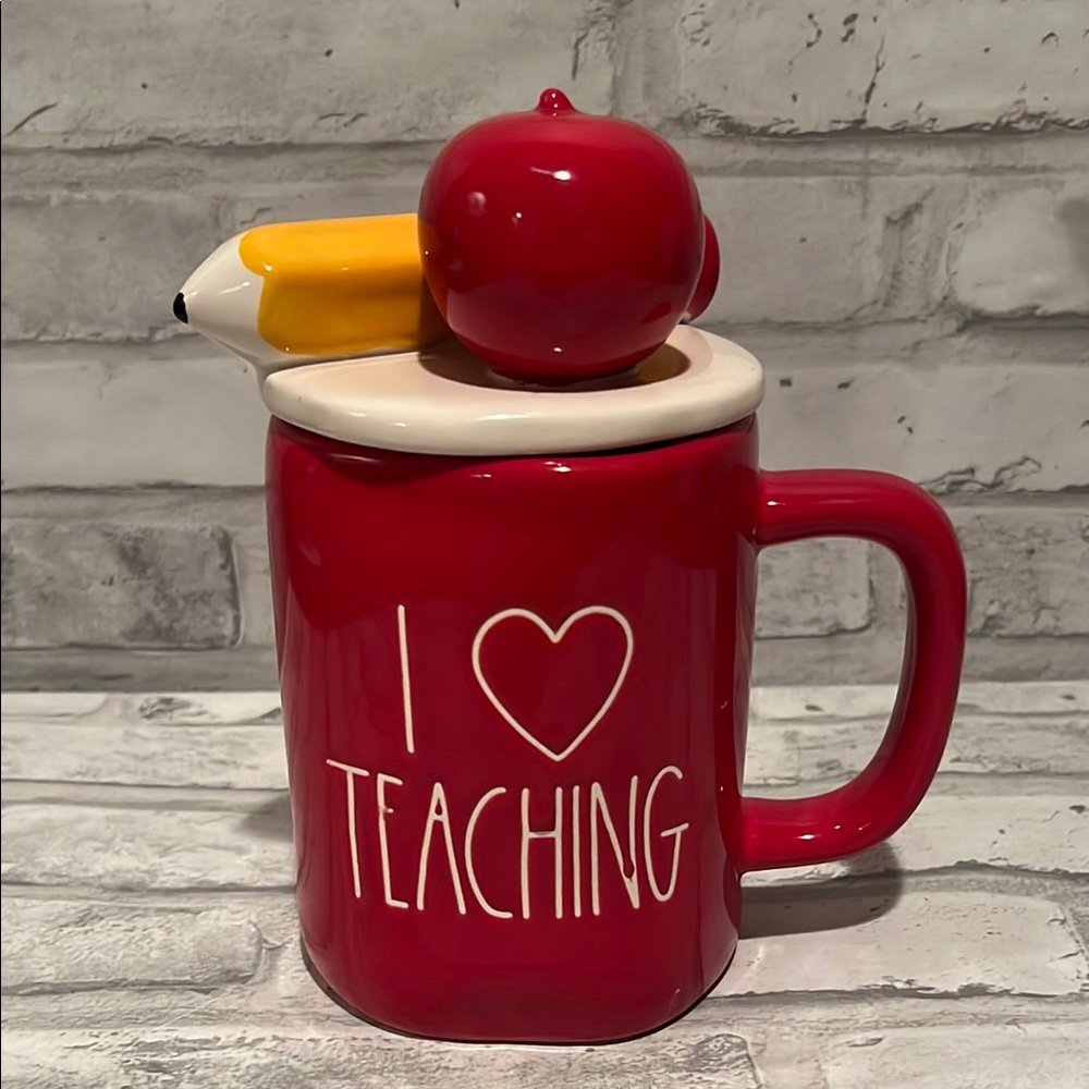 Red Teaching Mug with Apple and Pencil Lid Rae Dunn coffee mug Harvey Lewis gift